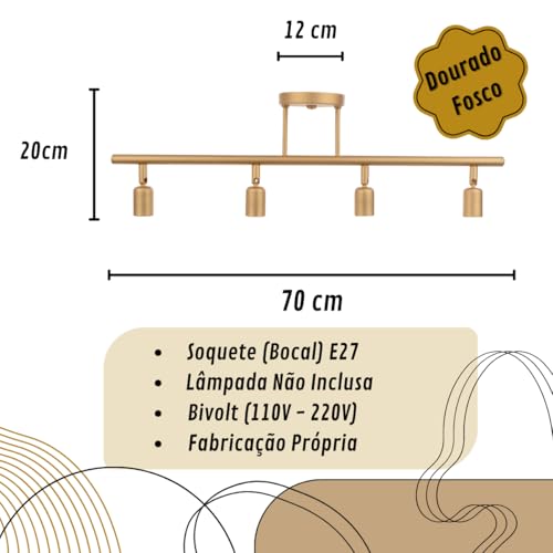 Lustre Luminária de Teto Trilho com 4 Spots Articulada Acabamento Dourado Estilo Moderno