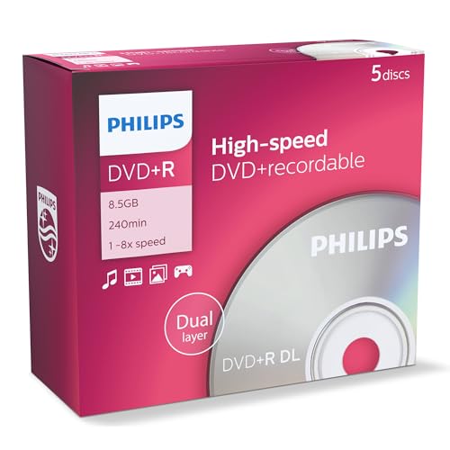 Philips DVD+R Double Layer nośniki o wysokiej prędkości High-speed (8,5 GB / 240 minut wideo, 1-8x prędkość, 5 szt. w pudełku Jewel Case)