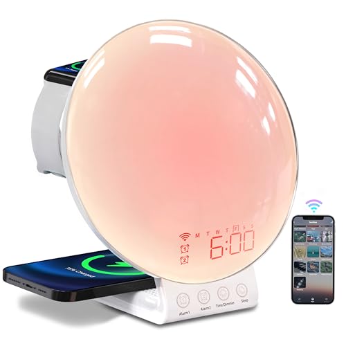 MOMILLA Sunrise Alarm Clock, 3 in 1 Wireless Charging Station, Smart App Control White Noise Sound Machine, Wake up Light, Sunset Night Light Alarm Clocks for Heavy Sleepers Kids