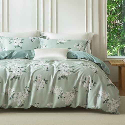 MILDLY Cal King Size Duvet Cover Set 100% Long-Staple Cotton Luxury Sage Green Floral Patten Reversible Comforter Cover Set 3Pcs