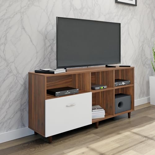 Image of VIKI Modern TV Unit for Living Room | Engineered Wood TV Cabinet with 1 Drawer Storage & 3 Open Shelves,Entertainment Unit, 140W x 74H x 40D cm | DIY | 1 Year Warranty (Walnut & White)