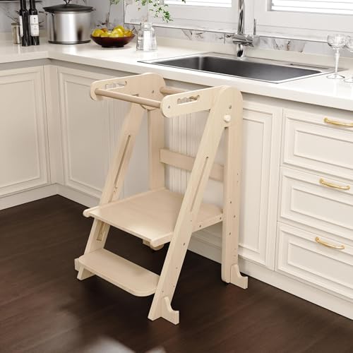 SOFTHOM Torre de aprendizaje plegable Montessori Learning Tower para niños, taburete con pasamanos de seguridad, protección antivuelco, altura ajustable, premontada, torre de aprendizaje de madera
