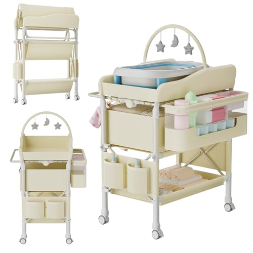 Image of Jaylene Portable Baby Changing Table with Storage - Adjustable Height Diaper Station, Waterproof Pad, Large Capacity Organizer, Foldable Newborn Changing Table for Nursery & Bedroom (Beige)