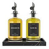 Verspace Dispensador de aceite de oliva para cocina con bandeja de silicona y 40 etiquetas, juego de 2