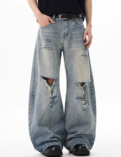 Men Y2k Baggy Ripped Jeans Wide Leg Fashion Distressed Jeans Hip Hop Grunge Pants Harajuku Streetwear3