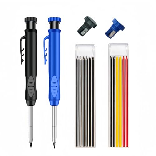 Himtop Carpenter Mechanical Pencils,Solid Carpenter Pencil with 12 Refill,2pcs Solid Carpentry Automatic Pencils Set with 2pcs Sharpener. ((Black+Blue))