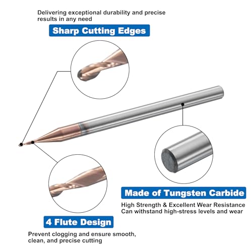 Image of HARFINGTON Ball Nose End Mill 4 Flute 0.025 inch Diameter 1 /8 inch Shank Tungsten Carbide Uncoated Spiral CNC Router Bits 0.075 inch Cutting Length Single End Ball for Carving Engraving Grinding