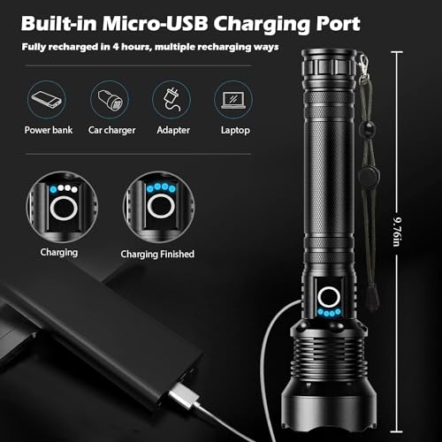 Lanternas LED recarregáveis de 150.000 lúmens altos, lanterna tática com zoom e 5 modos e IPX7 à pro