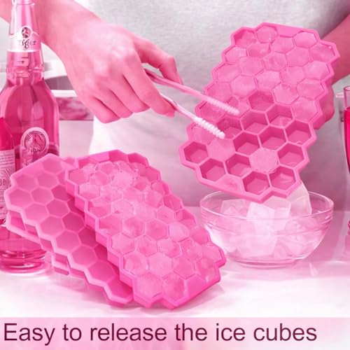 Image of BIDFUL [4 Pack] Silicone Ice Cube Trays for Freezer with Lid - 37 Grid Pink Ice Cube Mold, Easy-Release Flexible Ice Trays, Reusable Stackable Ice Tray for Iced Coffee, Juice & Drinks