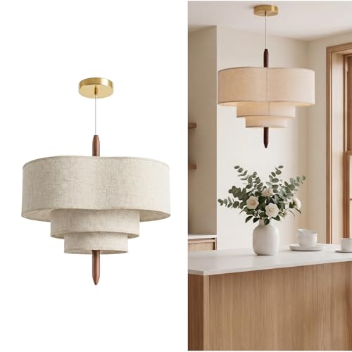 17.7" 3-Tier White Fabric LED Chandelier, 2-Light 3-Color Dimmable Pendant