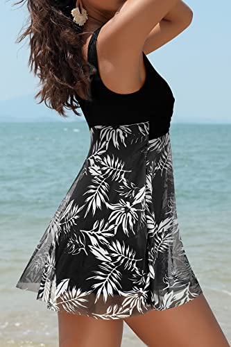 Image of SHEKINI Womens V Neck One Piece Swimsuit Net Yarn Modest Tummy Control Skirtini Swimdress Bathing Suits