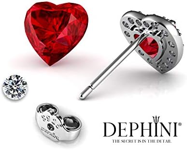 DEPHINI - Red Heart Earrings - 925 Sterling Silver - Fine Jewellery Stud Earrings for Women - Rhodium Plated - Cubic Zirconia