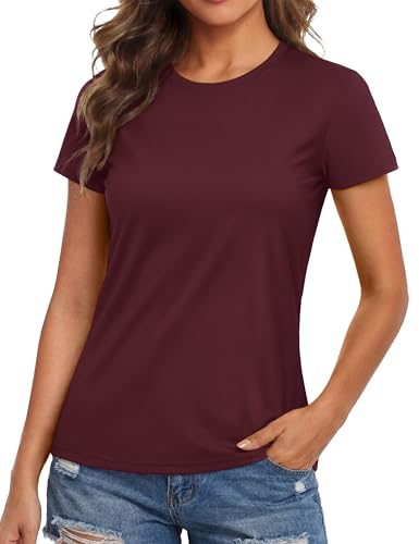 MAGCOMSEN Workout Tops Women Quick Dry Tshirt Short Sleeve Sun Shirt for Women Active Swim Exercise Running Shirts Wine Red, S