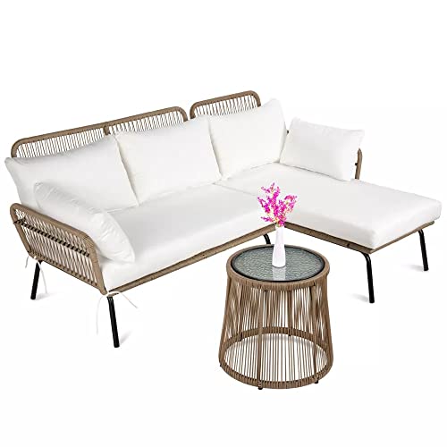 Image of DEVOKO 3 Piece Patio Conversation Set L-Shaped Sectional Sofa with Thick Cushions and Glass Top Coffee Table for Garden, Pool, Balcony (Beige & White)