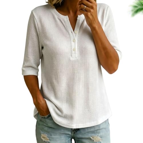 T-shirt Henley femme en maille gaufrée à manches 3/4 et col boutonné