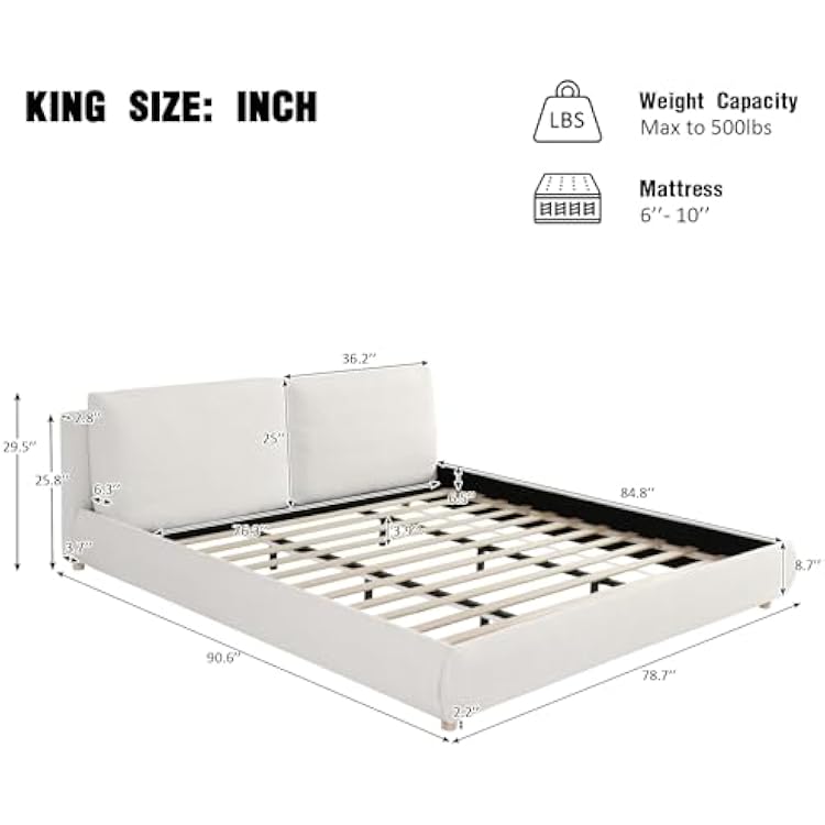 Merax King Size Boucle Fabric Upholstered Platform Bed with Two Removable Pillow Headboard, Wood Bed Frame with Solid Round Legs for Kids Teens Adults, White