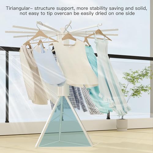 Image of Tripod Clothes Drying Rack Clothing Foldable & Portable Garment Rack Space Saving Laundry Aluminum Standing with 16 Poles Silver & White Floor Collapsible Household Indoor & Outdoor Holder