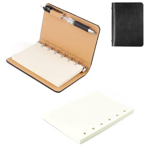 LEZED Mini carnet de notes pour les déplacements - Format A7 - En cuir - Format A7 - Rechargeable - Feuilles vierges - 6 anneaux - Pour l'école, le bureau, l'écriture, le dessin