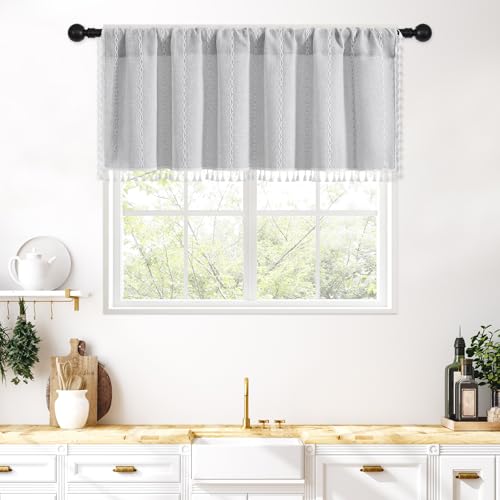 MitoVilla Grey Kitchen Valances for Windows, Boho Farmhouse Valance Curtains for Living Room/Bedroom, French Country Cotton Linen Topper Window Curtain with Tassel, 52’’W x 18’’L