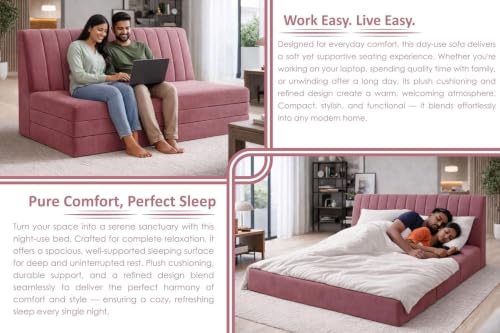 Image of Deco Studio 3-Seater Convertible Floor Sofa Bed Modern Velvet Fabric Folding Couch for Living Room, Guest Room & Small Spaces-Rose-Pink