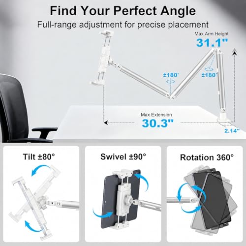 Image of Portable Monitor Stand 15.6 inch, Heavy Duty Tablet Arm Mount with Desk Clamp | Sag-Free Adjustable iPad Holder for Bed, 360 Foldable Arm Fits 4.7 inch to 18.5 inch iPad Pro /Air /Mini, Thick Case Friendly, White