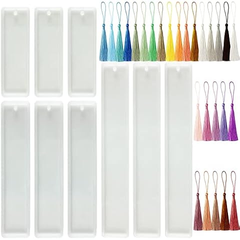 MUXGOA 9 Pcs Bookmark Mold with Tassles,Resin Bookmark Molds DIY Bookmarks Rectangle Silicone Bookmark Mold with 27 Pcs Handmade Silk Bookmark Tassels for Key Chain DIY Art Craft Cover