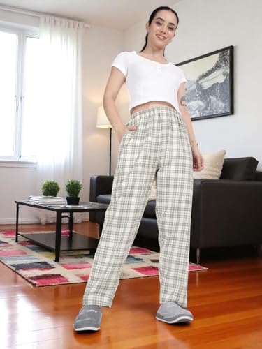 Image of KRYPTIC Women's 100% Pure Cotton Woven Pyjama | Mid Rise Relaxed Fit Full Length Nightwear Pant with Elasticated Drawstring Waistband & Side Pocket | Comfortable Lounge, Sleepwear & Casual Bottom Wear