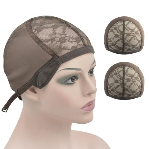 2 Pcs Lace Wig Cap Mesh Wig Cap for Making Wigs with Elastic Adjustable Straps (Dark Brown)