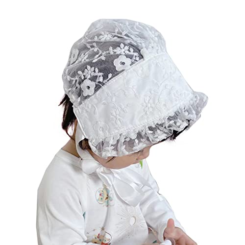 Baby Girls Bonnet - Silk Lace Flower Hat Caps Baptism Hat,Toddler Christening Cap Beanie Satin Bonnet For Infant Princess Sun Protection Flower Bonnet Photo Props 0-3 Years White #TOP6