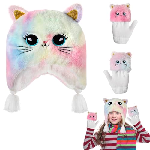 3PCS Conjunto de Gorro y Guantes Invierno Niñas de Gato, Gorro y Guantes Niña de Gato, Mitones Gorro Invierno Niñas de 3-10 Años, Gorro Gato Niña con Orejeras Sombreros de Invierno para Niñas Regalo