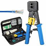 Pince à sertir, combinant sertissage/coupe/dénudage, a une structure en acier trempé au carbone robuste et robuste pour câble Cat5 et Cat5e Cat6 avec prises 8P8C, 6P6C, ou connecteurs RJ45/RJ12/RJ11.