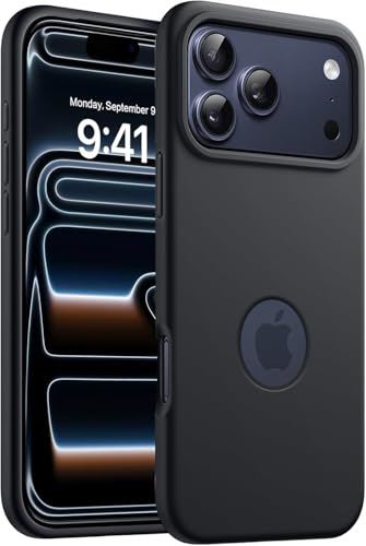 Image of Elzzi Microfiber Logo Cut Cover Compatible for iPhone 17 Pro Max Case Liquid Silicone Cases Full Body Protective Covers Anti Fingerprint Back Cover with High Raised Camera Lips (Black)