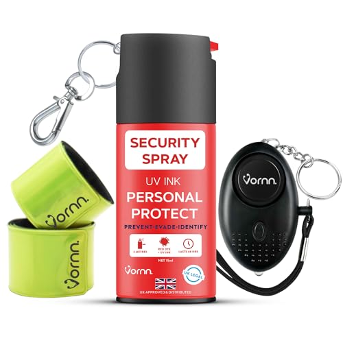 VORNN Self-Defence Spray | UK Legal Spray | Foul smelling Criminal Identifier | Red Dye UV | Quick Access Keychain for Personal Safety for Men & Women (1x Spray 1x Alarm 1x Reflector)