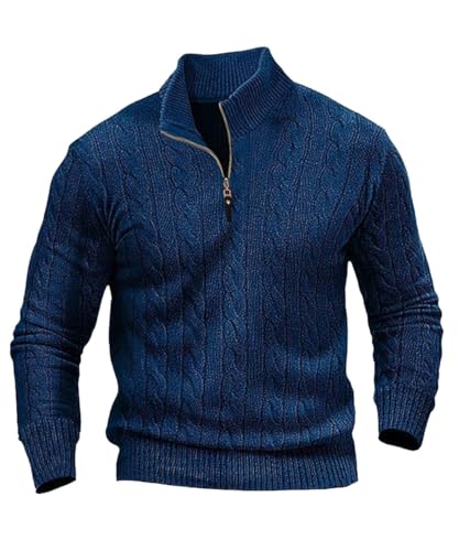 Men's Quarter Zip Up Sweater Solid Color Pullover Polo Mock Neck Cable Knit Thickened Sweaters
