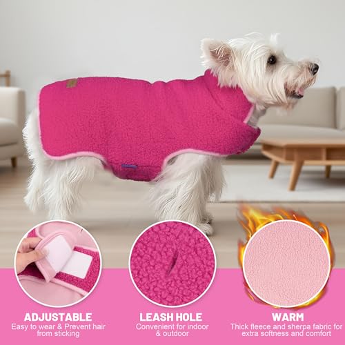 Image of cyeollo Sherpa Dog Coat Reversible Dog Jackets for Small Dogs, Fuchsia, L | Warm Fleece Winter Sweater, Turtleneck Pet Vest, Adjustable Fit, Easy On & Off, Leash Hole for Cold Weather Outdoor Walks
