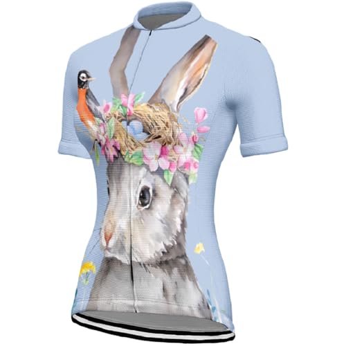 Mateju Maillot Cyclisme Femme, Maillots de Cyclisme Séchage Rapide, Tenue Cycliste Respirant, Manches Courtes Maillot Velo Route Avec Fermeture Éclair et Poche XS-3XL (Conejo Azul,3XL)
