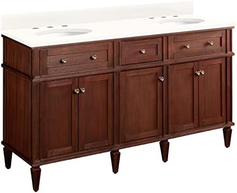 Signature Hardware 464973 Elmdale 60" Free Standing Double Vanity Set with Mahogany Cabinet, Vanity Top, and Oval Undermount Vitreous China Sink - 8" Faucet Holes - Antique Brown/Arctic White
