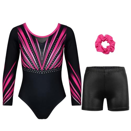 JOYSTREAM Gymnastics Leotards for Girls With Shorts Sparkly Ballet Dance Long Printed Sleeve Outfit 10-11Years Rose-red Diamond
