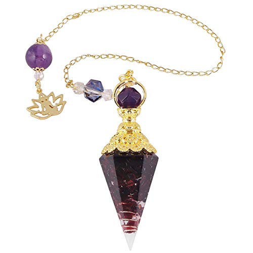 KYEYGWO Grenat Pendule Divinatoire Radiesthésie en Pierre d'Énergie Résine, Reiki Prisme Hexagonal Pointé Protection Pendentif Perle Ronde avec Chaîne 11.2'