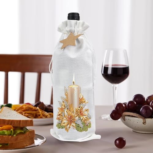 Image of DIY 5D Diamond Painting Gift Wrap, Special Shaped Diamond Art Linen Cover for Champagne Bottles, Party Supplies for Christmas Wedding Birthday Holiday (Candle)