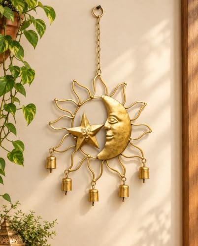 Image of DULI Metal Windchime Wall Hanging, Feng Shui, Wall Art, Wall Decor, PositiveVibes, Rustic Wall Hangings, Wall Art, Diwali Decor, Home Decor, Positive Vibes (MetalHanging-HalfSunwithBell)