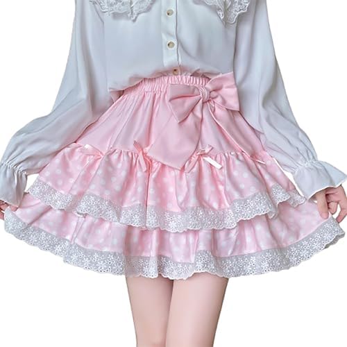 Mini Skirt for Women Sweet Lolita Bow Cake High Waist Kawaii Vintage Layered Lace Party A-line Pink Mini Skirt