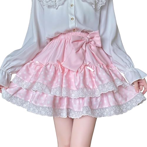 Wayolyn Sweet Lolita Mini Skirt for Women Bow Cake Skirt High Waist Kawaii Vintage Layered Lace Party A-line Mini Skirts (Pink,One-Size,One Size)