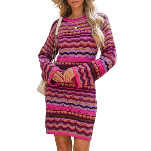 GKEIOSHQIL Buntes gestreiftes Strickkleid für Damen Langärmeliges Herbst-Midi-Pulloverkleid mit Rundhalsausschnitt,Rot,S