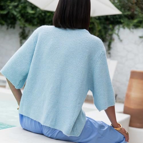Image of Womens Button Up Short Sleeve Cardigans Sweater Cropped Lightweight Round Neck Elegant Knit Tops with Pockets