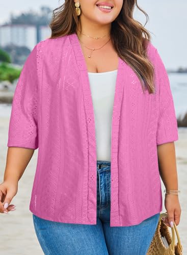 Image of Eytino Plus Size Cardigan for Women Half Sleeve Knitted Jacquard Summer Kimono Cover up Tops(1X-5X)