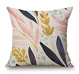 Watercolor White Pink Navy Yellow Floral Cotton Linen Square Throw Pillow Case Decorative Cushion Cover Pillowcase for Sofa 18'X 18'