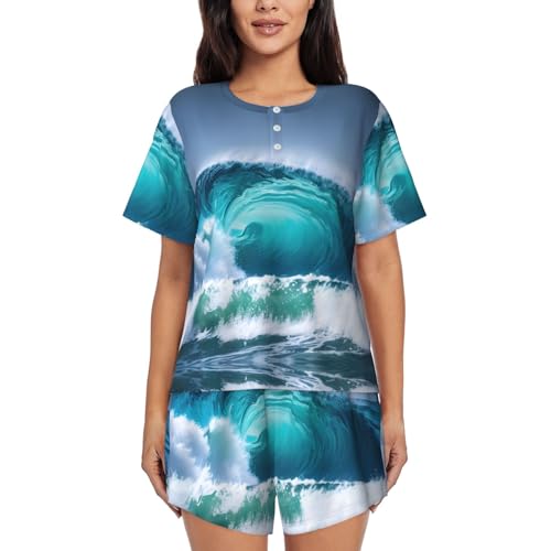 Pyjama pour femme doux ensemble short haut col rond motif océan