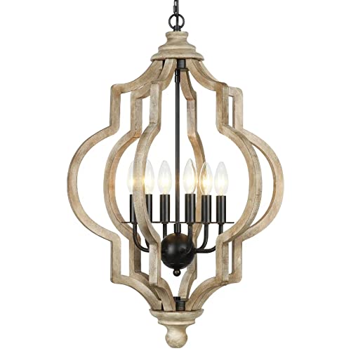 T&A 6-Light Farmhouse Chandelier, Orb Quatrefoil Wooden Chandelier Brown Rustic Island Light for Kitchen Dining Room Foyer Hallway Entryway, 18.3 ×29