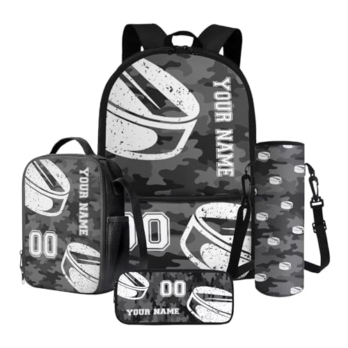 Camo Hockey Print Backpack Set for Boys 6-10, Customzied School Backpack Set with Lunch Bag Pencilcase Water Bottle Sling Bag Personalized Name Knapsack Bookbag Set, Gray - Main Image